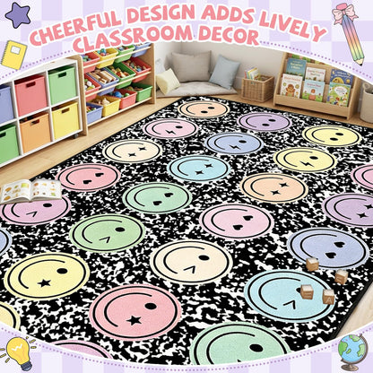 7.6x12 ft Large Smile Face Classroom Rug Happy Face Educational Area Mat Composition Notebook Play Carpet Back to School Learning Mat for Preschool Playroom Nursery Kindergarten(Black and White)