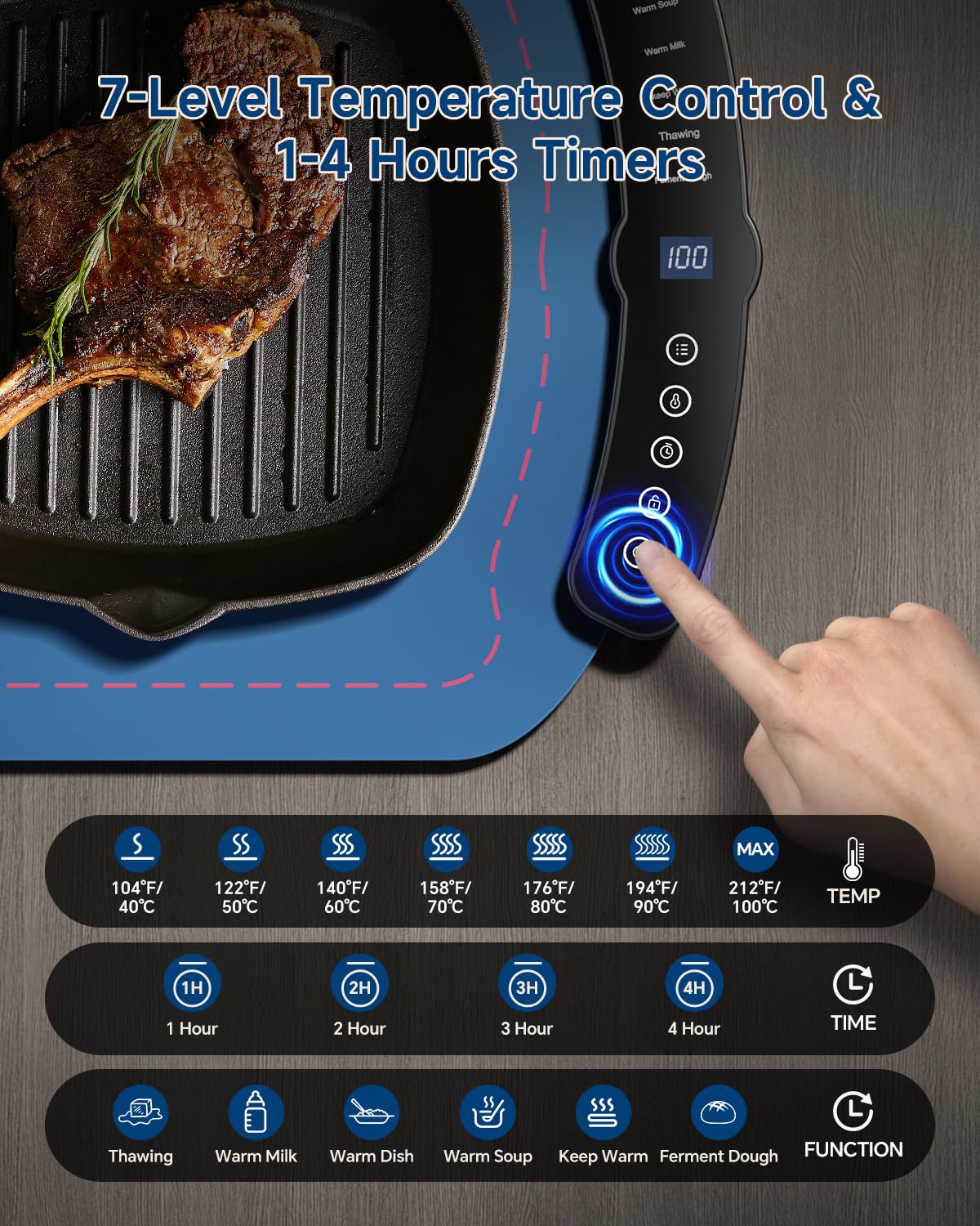 Warming Mat for Food, Food Warming Mat with 7 Temp Master Aadjustable Warming Tray, Thermochromic Line, Roll Up Buffet Hot Plates Heat Pad Full Sized Electrical