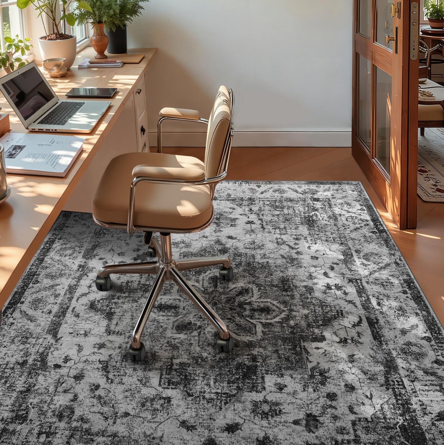 YOH Boho Washable Rug 8x10, Black Vintage Non Slip Area Rug, Distressed Indoor Carpet for Living Room Bedroom Kitchen Office