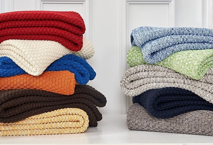 Longhui bedding Blue Knitted Throw Blanket for Couch - Soft, Cozy Machine Washable 100% Cotton Sofa Knit Blankets, Heavy 3.0lb Weight, 50 x 60 Inches, Laundry Bag Included