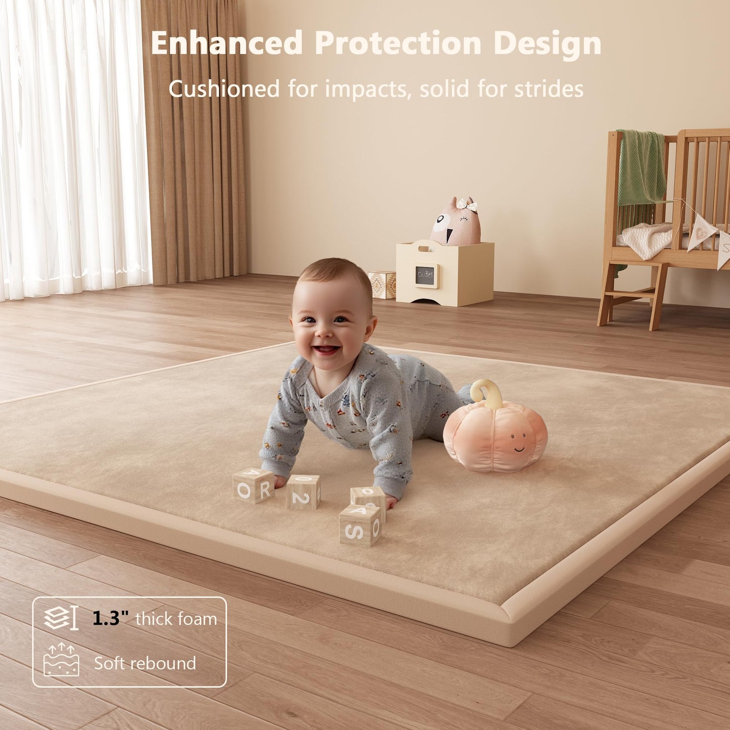 Baby Play Mat for Floor, 1.3'' Thick Memory Foam Tummy Time Mat - Super Soft Coral Velvet Nursery Rug with Non-Slip Backing, Crawling Rug for Toddlers/Infants, Yoga & Tatami Use, Oatmeal, 59''x79''