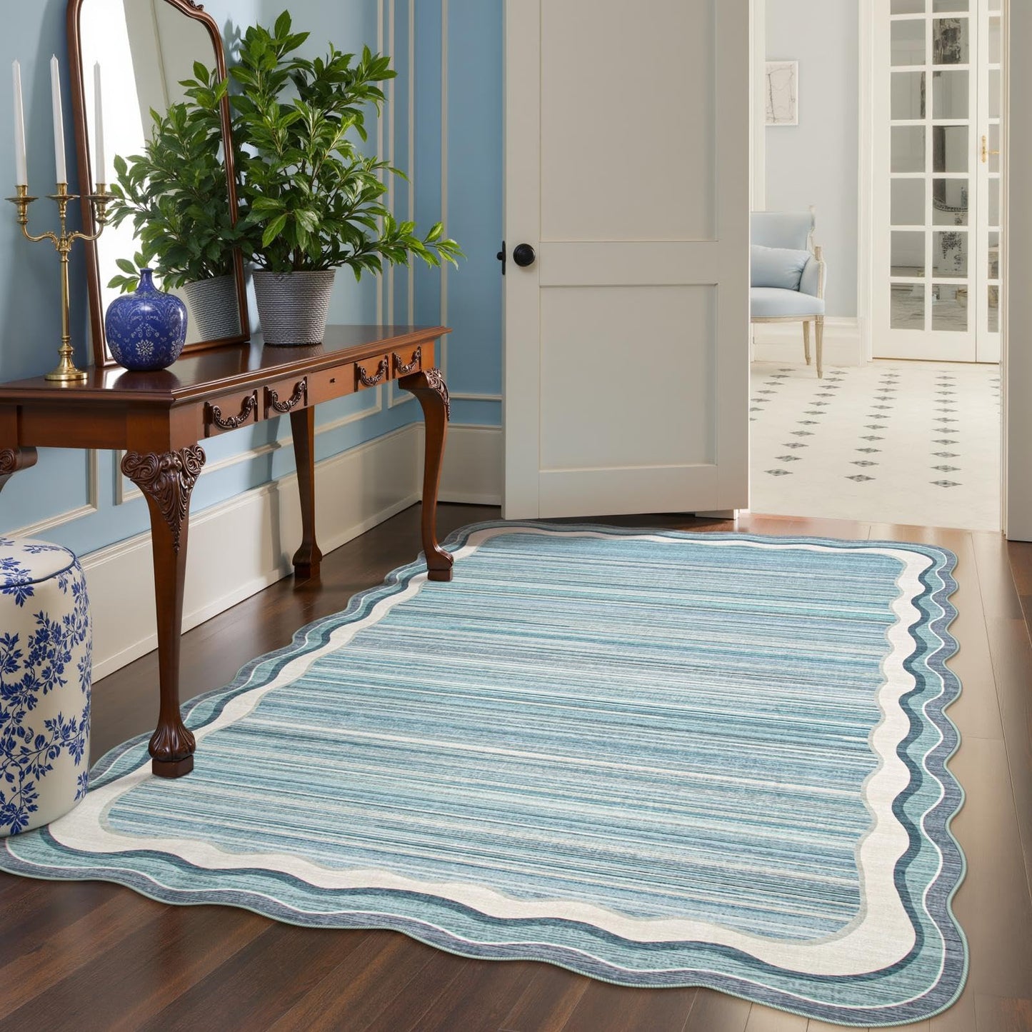 Lahome Estelle Scalloped Modern Washable Rugs 5x7, Blue Rugs for Bedroom Soft Living Room Rug, Abstract Minimalist Non Slip Low Pile Throw Carpet for Dining Room Home Office (Blue,5x7)