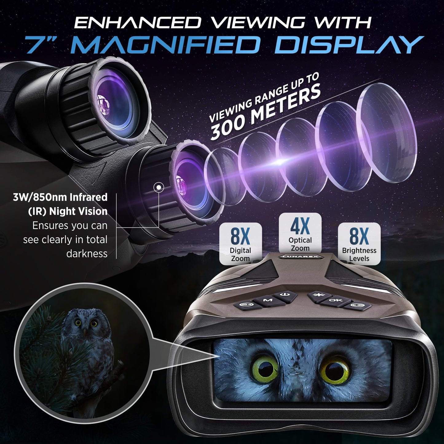 LUNAREX 4K Night Vision Goggles for Adults – Digital Night Vision Binoculars with 8X Zoom, 48MP Camera, 4000mAh Rechargeable Battery, 32GB TF Card, Infrared Night Vision Goggles for Hunting & Outdoor