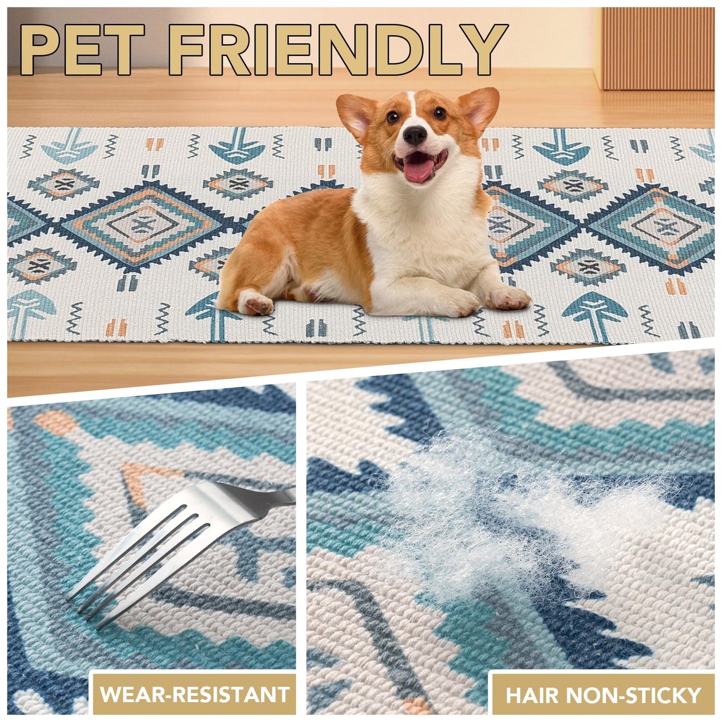 H.VERSAILTEX Handwoven 2x5 ft Boho Runner Rug with Tassels - Low Pile Easy Clean Washable Entryway Rug, Non-Slip Kitchen Runner for Hallway, Laundry Room, Corridor - Floor Mat(Blue/Tan)