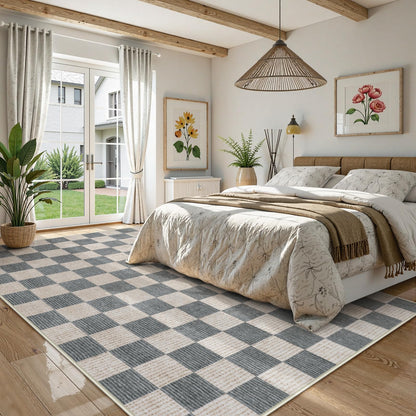 LIVEBOX Machine Washable Area Rug 6x9 Checkered, Non Slip Soft Large Bedroom Living Room Rug Farmhouse Neutral Classic Geometric Pattern Boys Rug, Indoor Carpet for Den Dorm Playroom(Grey,6'x9')