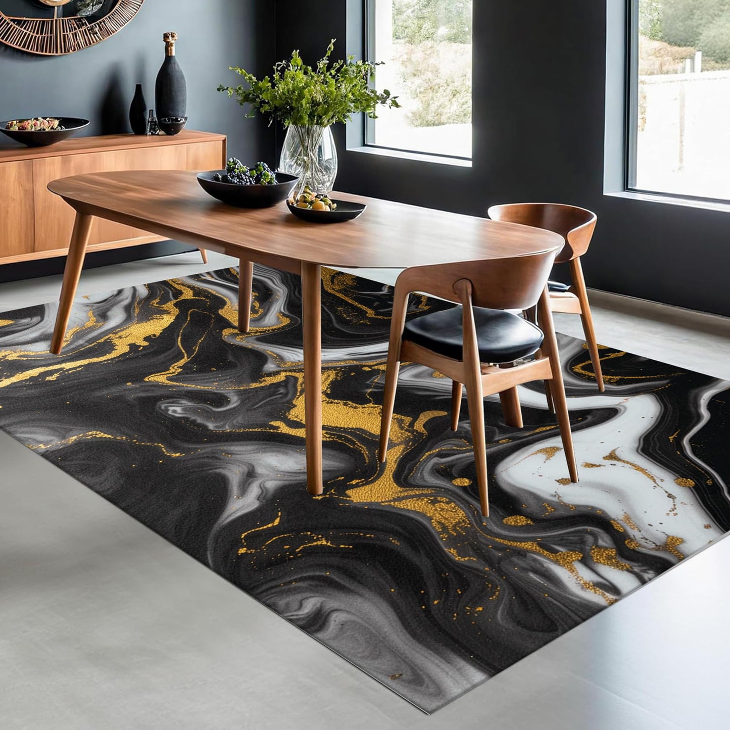 EDGZKO Black White and Gold Rugs: 5x8 Feet Abstract Marble Swirl Area Rug Washable Modern Carpet Floor Mat for Livingroom Bedroom Diningroom Kitchen Dorm Office Classroom Laundry