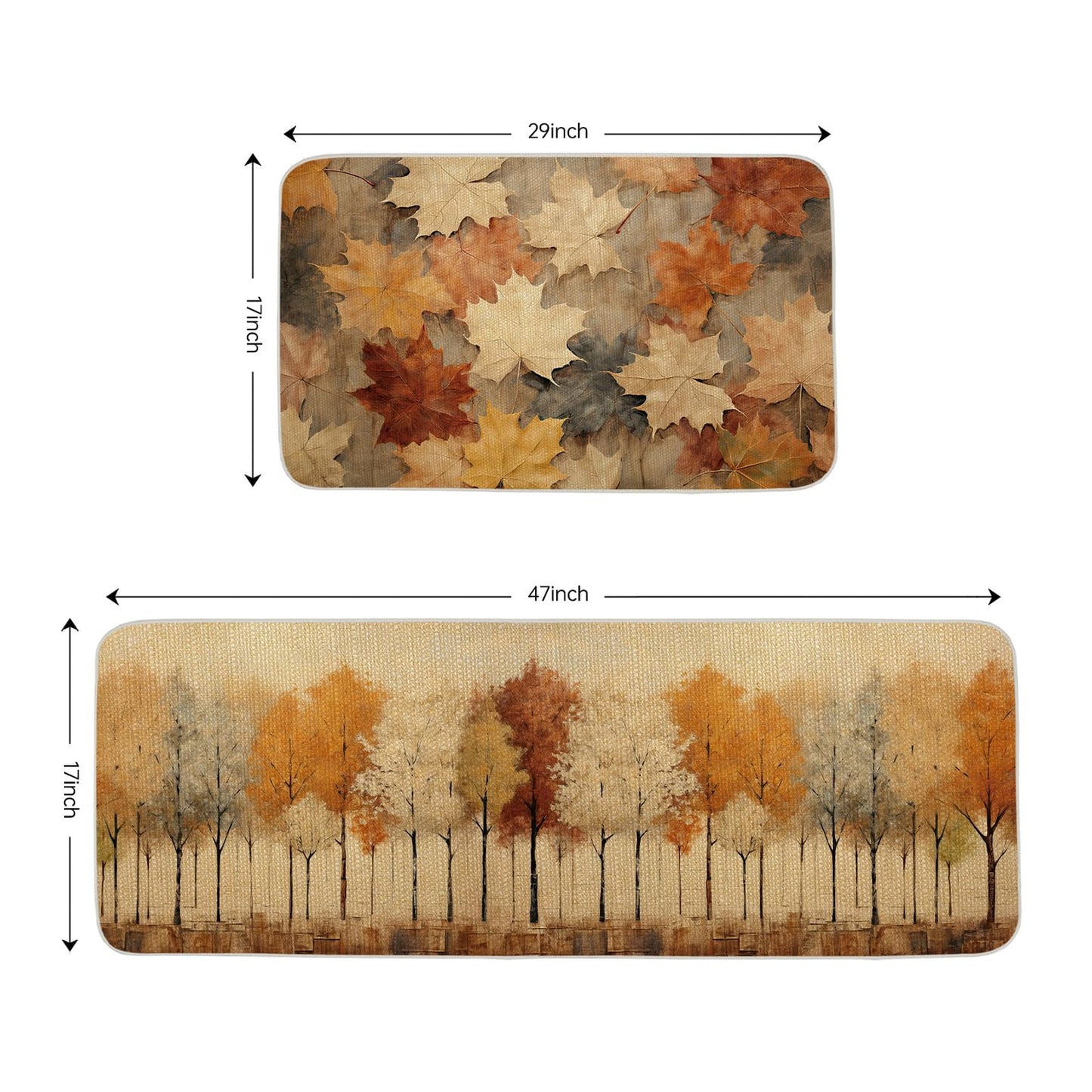 ONWAY Fall Kitchen Mats Set of 2 17x29 and 17x47 Inch Low-Profile Autumn Kitchen Rugs with Leaves Trees Non Slip Washable Mats for Sink Entryway Home Decor Thanksgiving Seasonal Floor Mat