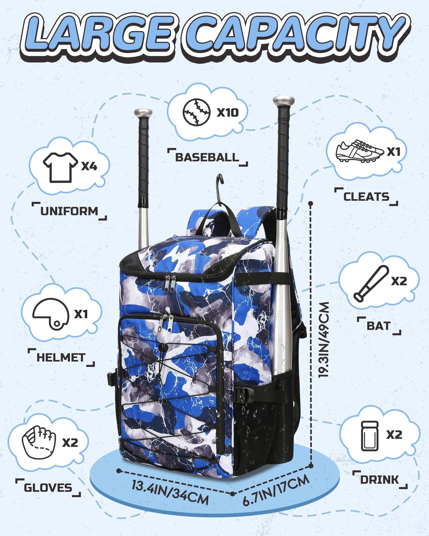 FOKDUVB Baseball Softball Gear Bag Backpack for Boys Girls Ages 8-12 12-14 Large Kids Youth Bat Bag with Ventilated Shoe Compartment Baseball Softball Players Stuff Supplies (Blue, Camouflage)