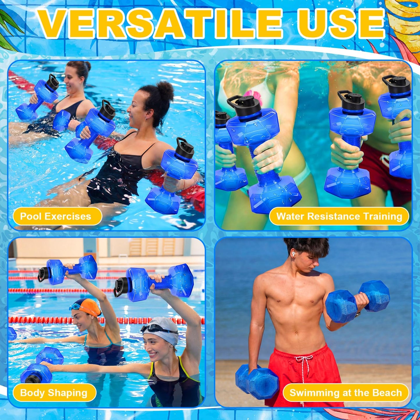 Arrowbash 4 Pcs Water Weights for Pool Exercise Aquatic Exercise Dumbbells with Non Slip Handle Water Dumbbells Set Adjustable Fitness Aerobics Equipment for Arm Toning Aqua Therapy Weight Loss
