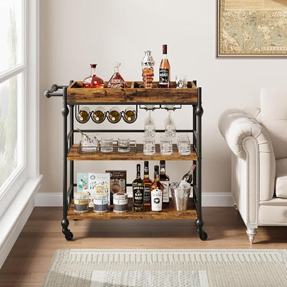 GarveeHome Bar Cart with Wheels, 3-Tier Serving Cart for Home, Mobile Rolling Beverage Cart with Wine Rack and Removable Tray for Kitchen, Dining, Living Room, 35.4" x 15.7" x 34.1", Rustic Brown