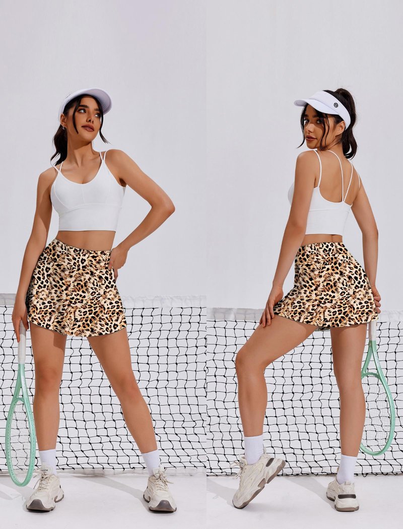 PINSPARK Tennis Skirts Women's Pleated Athletic Skirt Workout Casual Mini Skater Skorts with Built in Shorts,Leopard X-Small