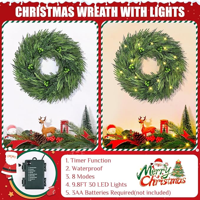 24 Inch Christmas Wreaths for Front Door, 2 Pack Real Touch Norfolk Pine Wreath Large Christmas Wreath with Lights, Winter Wreaths Christmas for Outdoor Indoor Windows Xmas Decor