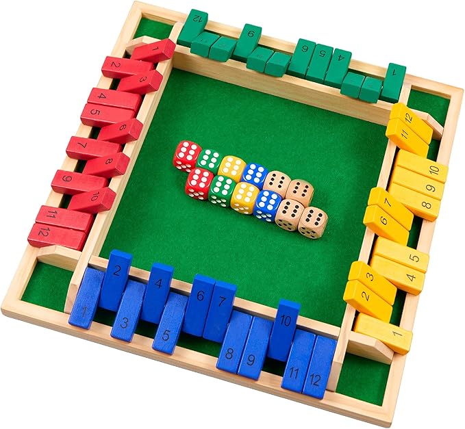 14 inches Shut The Box Dice Game 2-4 Player Upgraded 12 Numbers Wooden Board Table Math Games for Adults and Kids 12 Dices Classics Tabletop Version Games for ClassroomHomeParty or Pub