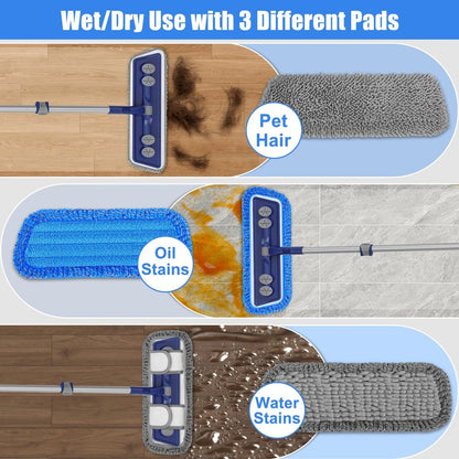 FORSPEEDER Microfiber Mops for Floor Cleaning - Dust Mop for Hardwood Floors with 55” Adjustable Handle 3 Thickened Washable Pads - Wet Dry Mopping for Pet Hairs Walls Tile Wood Laminate Home Kitchen