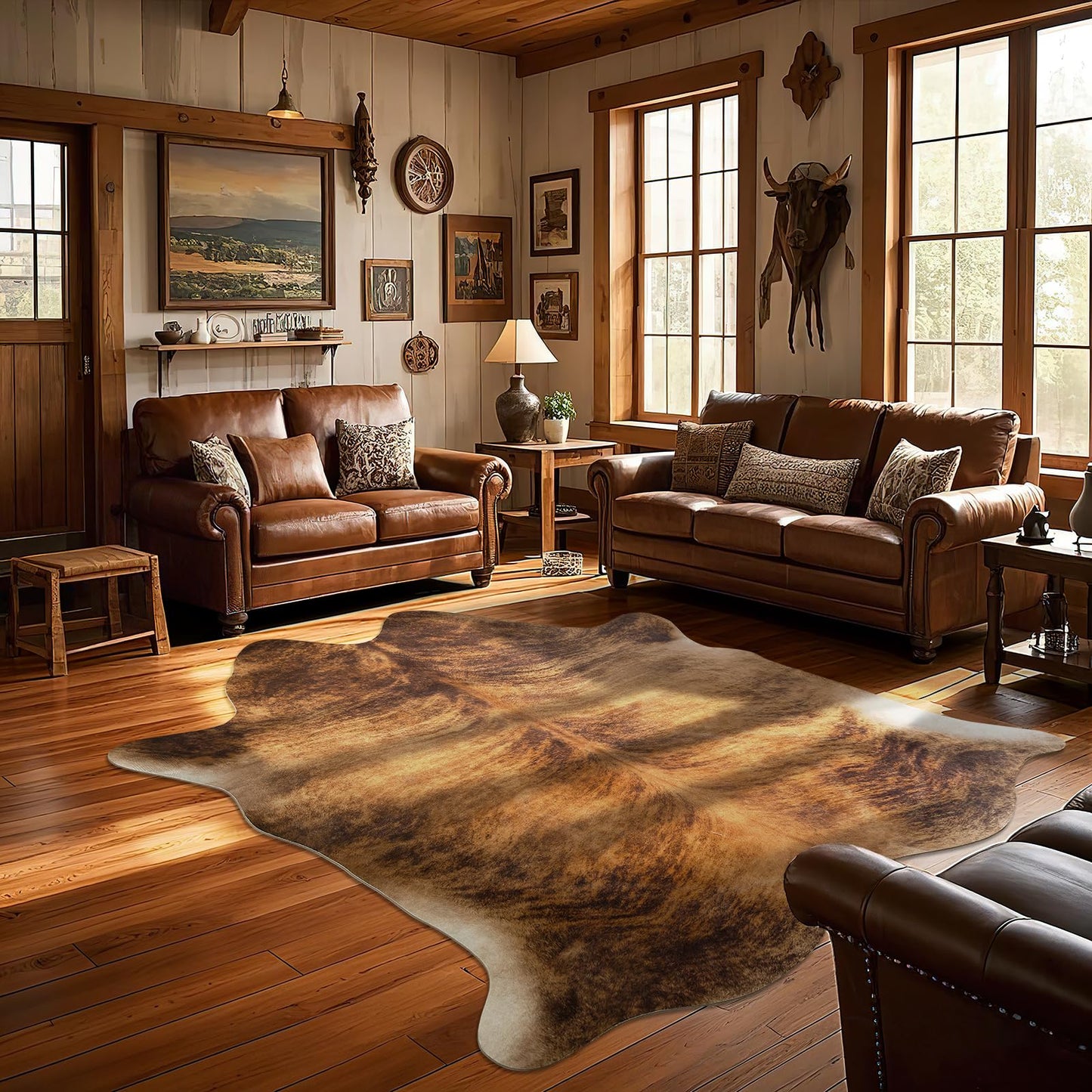 B BENRON Western Cowhide Rug, Faux Cow Hide Rugs for Living Room Bedroom Home Decor, Non Slip Cute Rug with Irregular Animal Skins and Hides, Brindle, 4.6 x 5.2ft