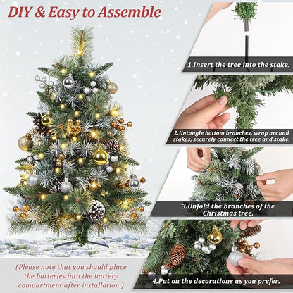 Set of 2 Outdoor Pathway Christmas Trees, 30” Battery Operated Pre-Lit Frosted Xmas Tree with 35 LED Lights, 8 Flash Modes, Holiday Décor for Porch, Yard with Berries/Pine Cones/Balls