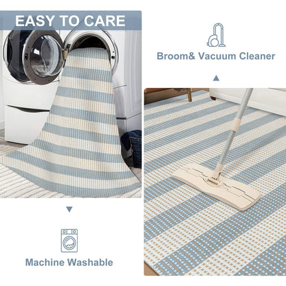 LEEVAN Striped Outdoor Rug 4x6, Washable Front Porch Rug, Spring Plaid Door Mats Outside Entrance, Blue White and Tan Entryway Floor Mat, Buffalo Woven Patio Layered Mat for Entrance/Deck/Camping