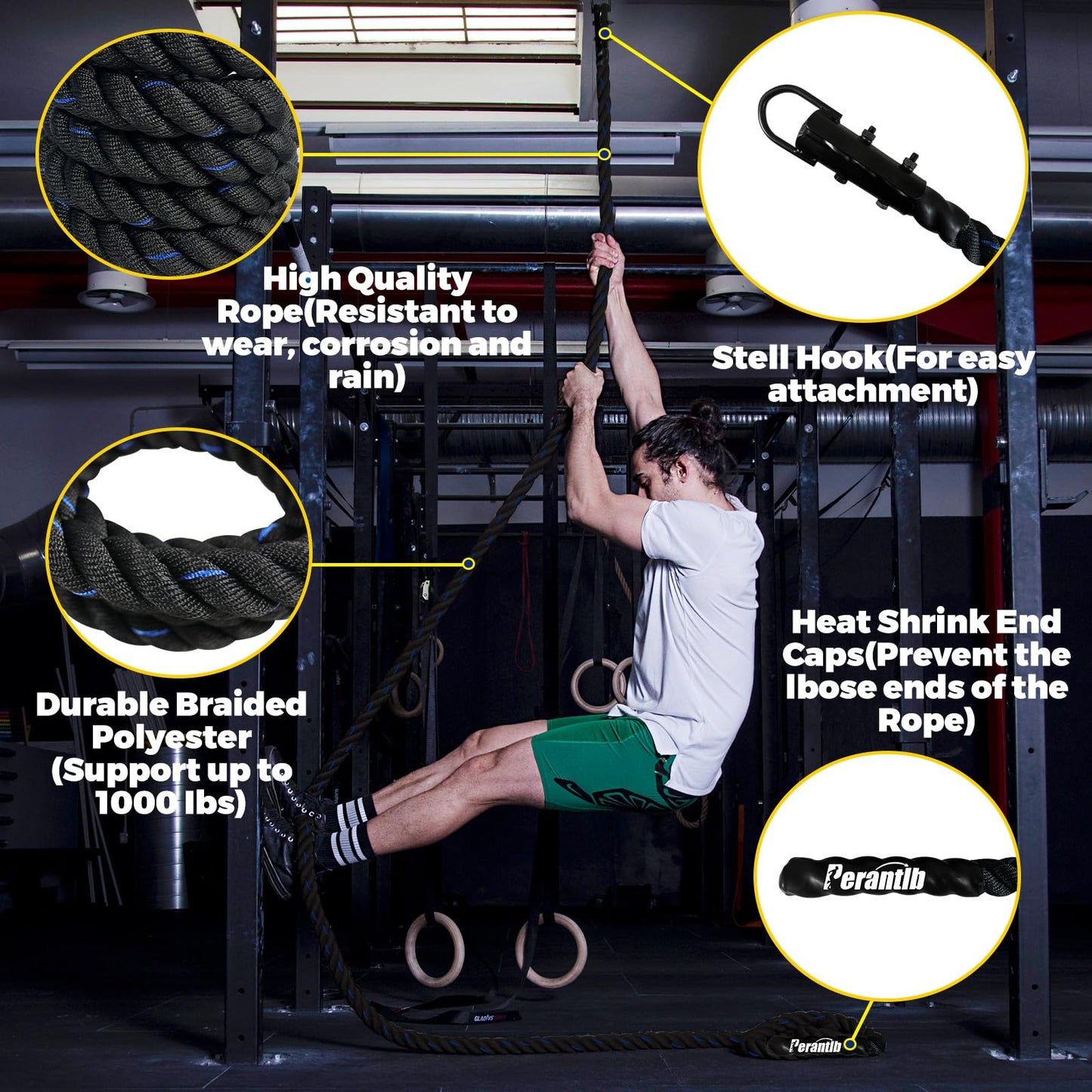 100% Polyester Climbing Rope with Hooks - Heavy Duty 1000LBS Load Capacity, 1.5inch Diameter, 10,15,20,25,30,50ft Length for Outdoor Rock Climbing, Rescue & Escape (10ft)