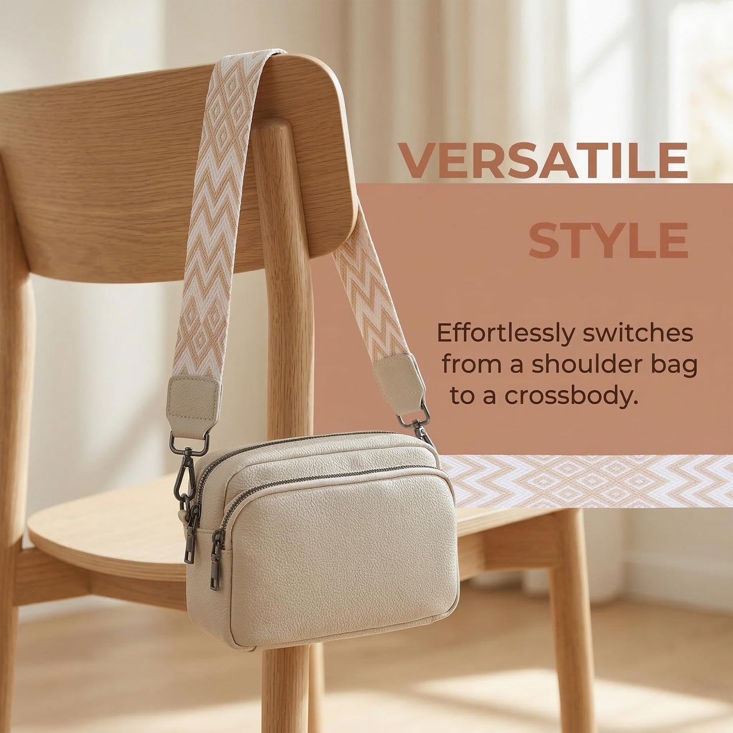 Perphy Crossbody Bags for Women 5 Pockets Shoulder Handbags with Wide Strap 7.9 * 2.4 * 5.9 inches Beige