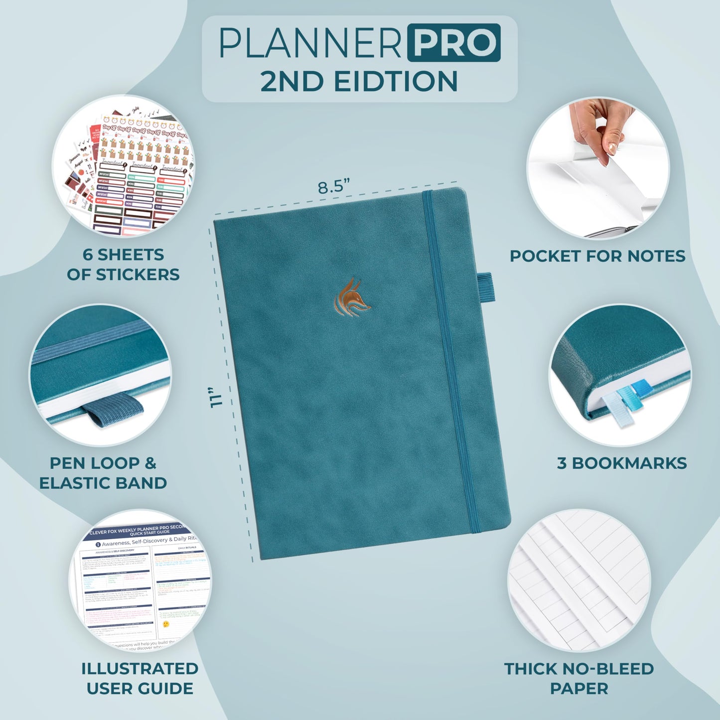 Clever Fox Planner PRO 2nd Edition – Undated Weekly Agenda Planner for Setting Goals, Tasks & Time Management – Life Organizer with To-do Lists & Habit Trackers – Large Format, 8.5x11″ (Dark Teal)