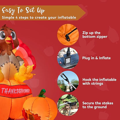 Joiedomi 6 ft Thanksgiving Inflatable Turkey on Pumpkin Decoration, LED Light Up Blow Up Turkey for Autumn Thanksgiving Family Party Décor, Halloween Inflatable for Yard Garden