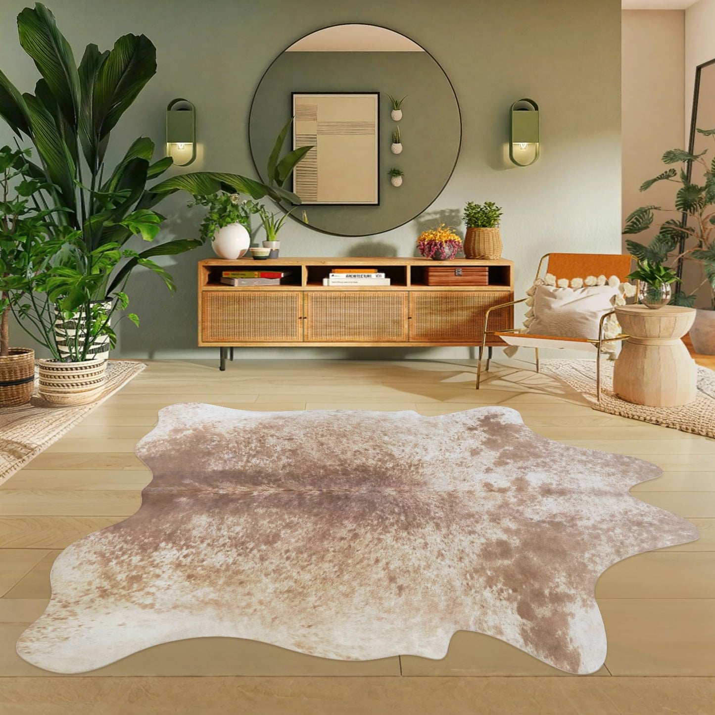 Cowhide Rug 4.6x5.2 ft Faux Cow Hide Cow Skin Rug Animal Cow Print Non Slip Brown Area Carpet for Bedroom Living Room Dining Room Western Decor
