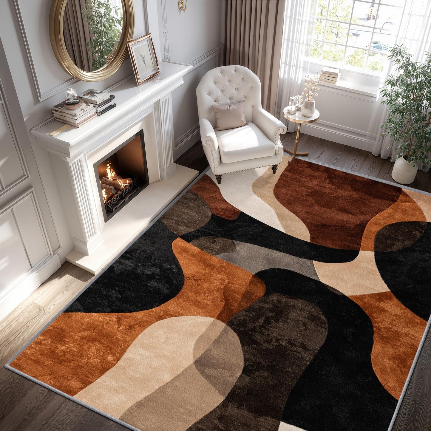 Phtbz Modern Abstract Rugs for Living Room - 7x9 ft, Earth Tone Geometric Rug, Brown Abstract Mid Century Rugs for Living Room Bedroom, Geometric Washable Area Rug Soft Carpet, Mid Century Decor