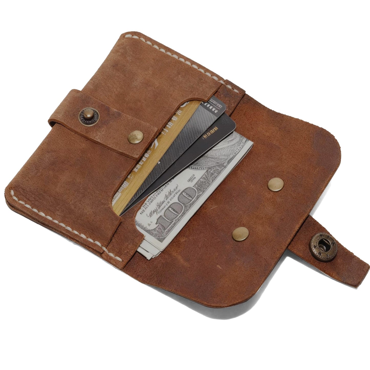 JingRongDa Handmade Vintage Cowhide Leather Card Holder Wallet, Retro Brown Leather Card Case with Snap Closur (Light brown)