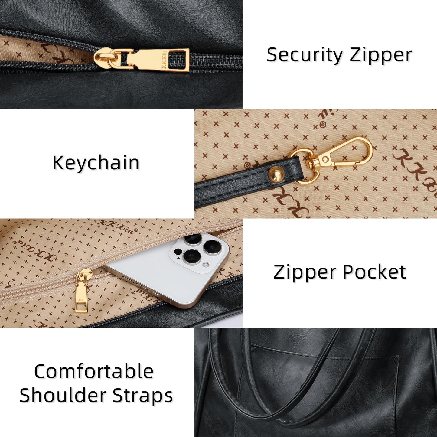 KKXIU Large Tote Bag for Women with Zipper Work Travel Purse and Handbags - Black