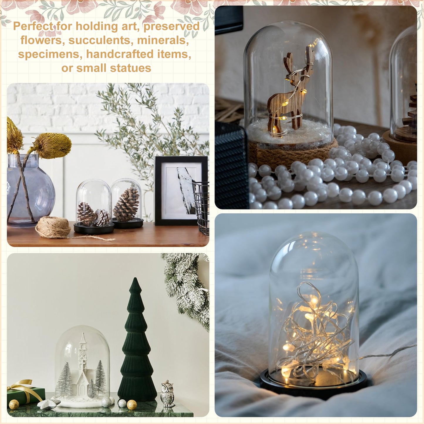 uxcell 4Pcs Glass Display Dome, 1.4" x 2.5" Clear Cloche Glass Dome Decorative Bell Jar with Wooden Base for Collectibles Display Candle Tabletop Centerpiece Plants Wedding, Beige