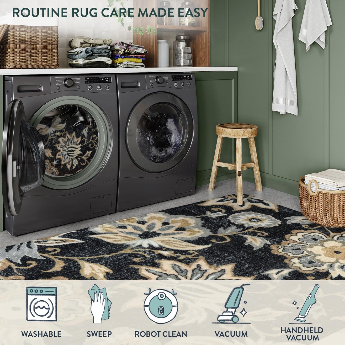 Lahome Floral Washable Runner Rug - 2x6 Runners for Hallways Non-Slip Low-Pile Kitchen Rug, Black Paisley Print Carpet for Laundry Bedroom Entryway （(2’X 6’, Blacak)