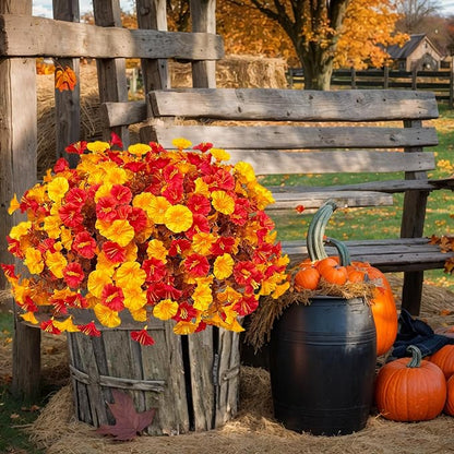 Artificial Fall Flowers for Outdoor, Fake Petunias Plants, Faux Flower, Fake Mums, 4PCS Fall Outdoor Decoration, UV Resistant, Silk Morning Glorias, for Home Garden Porch Planter (Golden Autumn)