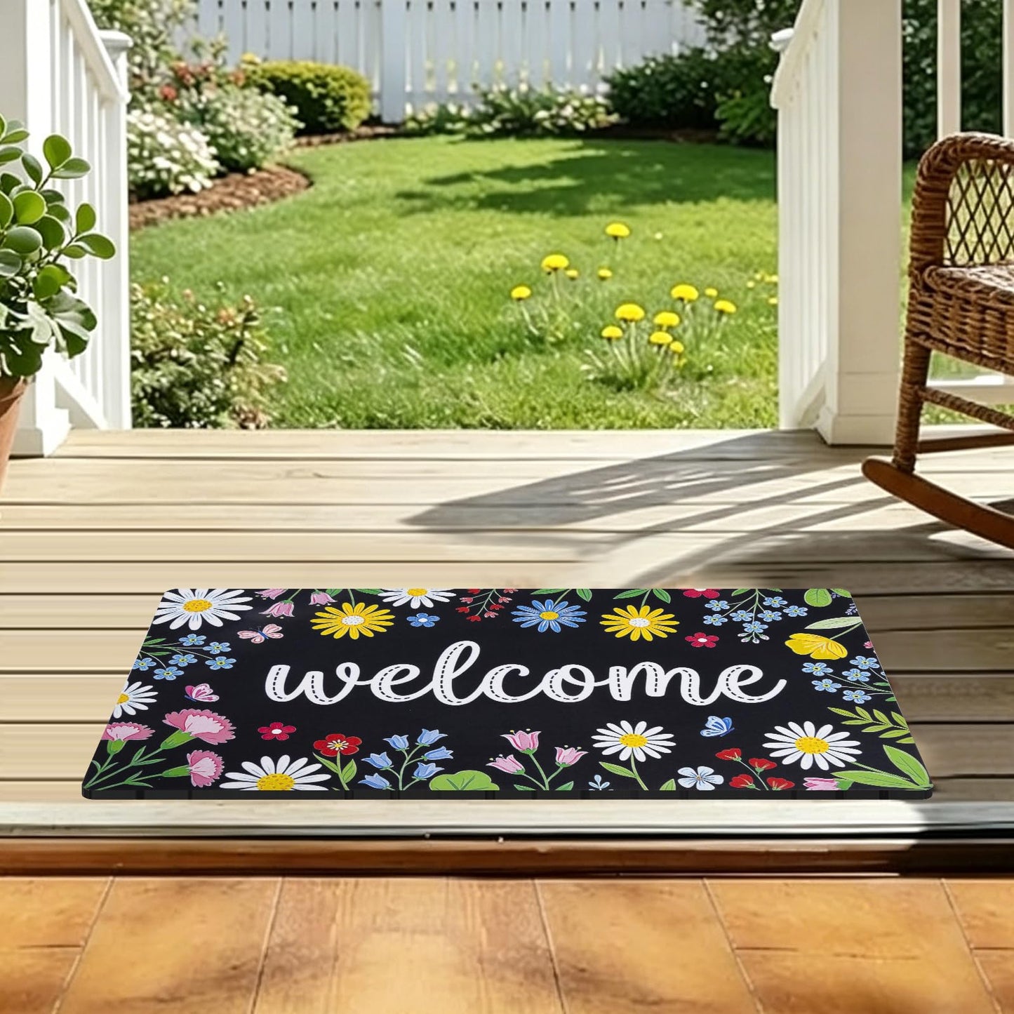 iouwy Spring Summer Welcome Door Mat 17×29 Inch, Low Profile Front Door Mat for Outside Inside Entrance, Non Slip Rubber Back for Indoor and Outdoor Entrance, Floral