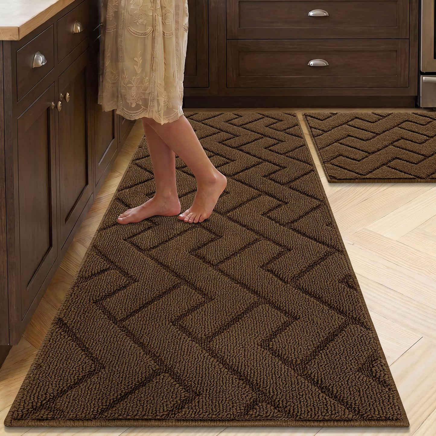 hicorfe Kitchen Runner Rugs and Mats Sets,2 Pieces Absorbent Non-Slip Kitchen Rug,Comfort Kitchen Mat for Floor,Washable for Kitchen,Hallway,Office,Sink,Laundry(20"x48"+20"x32",Dark Brown)