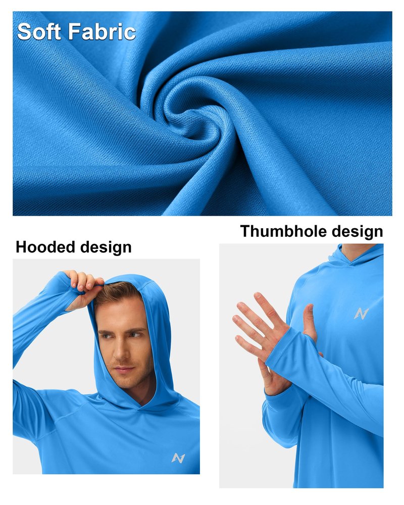 isnowood Sun Shirt UPF 50+ Men's Fishing Long Sleeve UV Protection Hoodie Hiking Rash Guard Swimming Running Blue