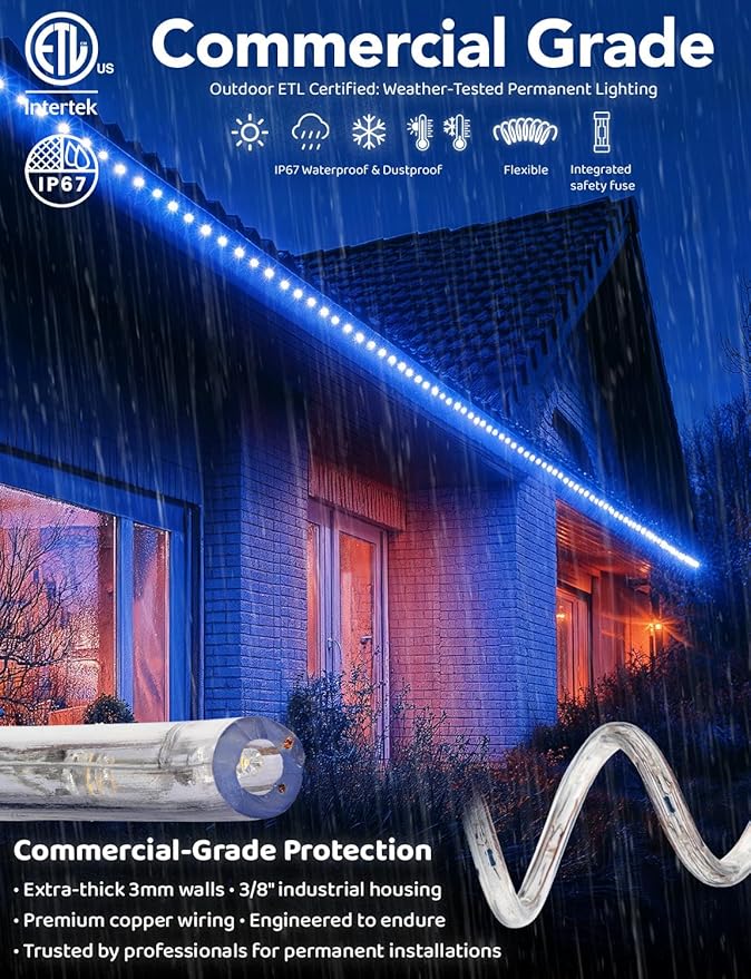 WYZworks 576LEDs 50ft LED Outside Rope Lights, Outdoor ETL Certified Waterproof Permanent 360 Degree Light Emitting, Flexible Tube, Connectable, Christmas Palm Tree Exterior Landscape, Blue
