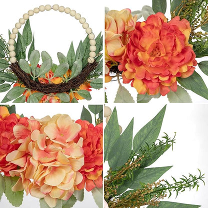 Spring Wreath 10" Artificial Floral Wood Bead Eucalyptus Leaves Peony Hydrangea Wreath for Front Door Boho Farmhouse Wall Decor 2 Pack - Orange