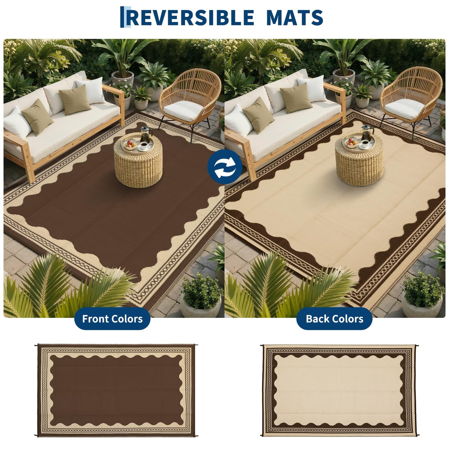 Garvee Outdoor Rug 8x10 Scalloped Waterproof Patio RV Outdoor Rugs Reversible Foldable Plastic Straw Rug Modern Camping Carpet for Deck Camper Porch Balcony Backyard Picnic Beach Brown