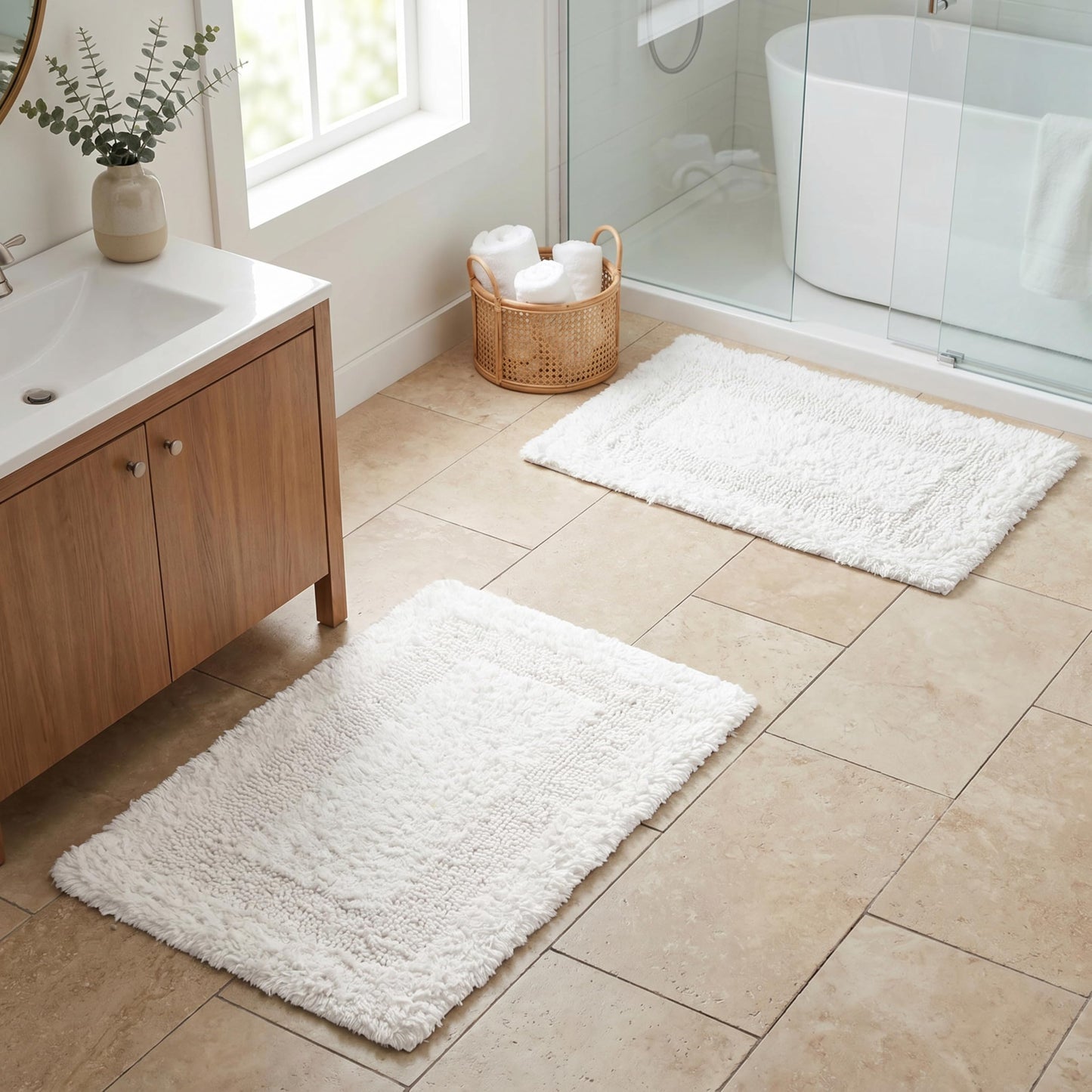 Cotton Reversible Bathmat Set of 2, 17x24 Inches - White, Super Soft Quick Dry Washable Bath Rugs Ideal for Bathroom, Kitchen, Vanity, Shower Area | Plush Soft Spa Style Hotel Quality Floor Mat