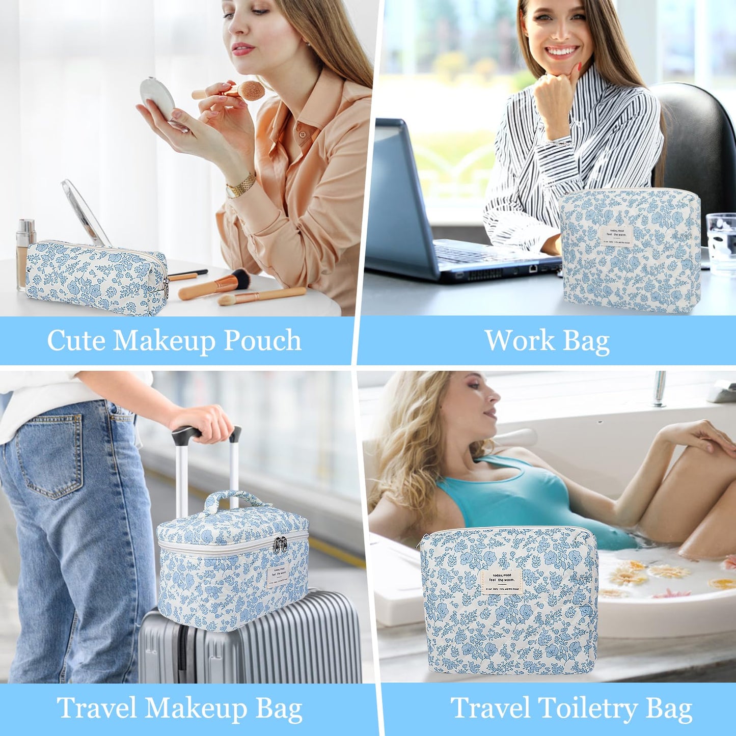 Gosect Makeup Bag, Large Quilted Cosmetic Bag, Big Floral Make Up Bag for Women Girls, Cute Cotton Makeup Bag Set, Flower Travel Toiletry Organizer Bag (Blue Flower)