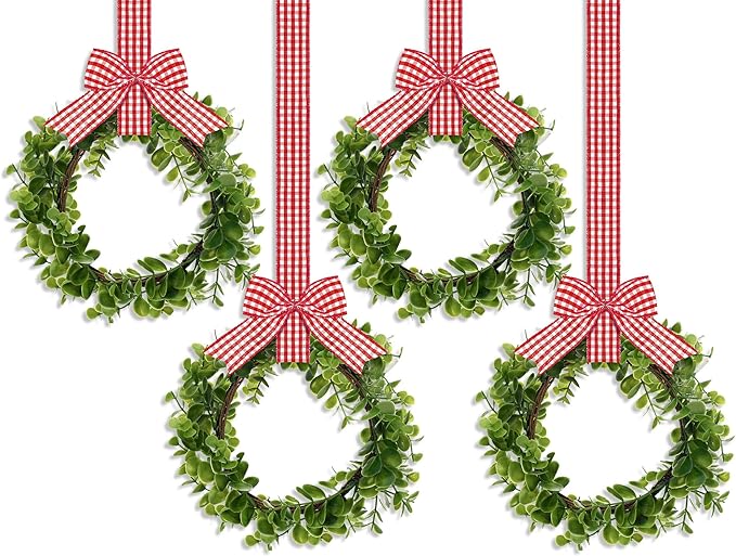 WILLBOND 4 Pcs Christmas Kitchen Cabinet Wreath Boxwood Garland with Ribbon Greenery Garland Hanging Wreaths for Cabinet Wall Window Door Fireplace Party Farmhouse Decor(Red and White,Fabric)