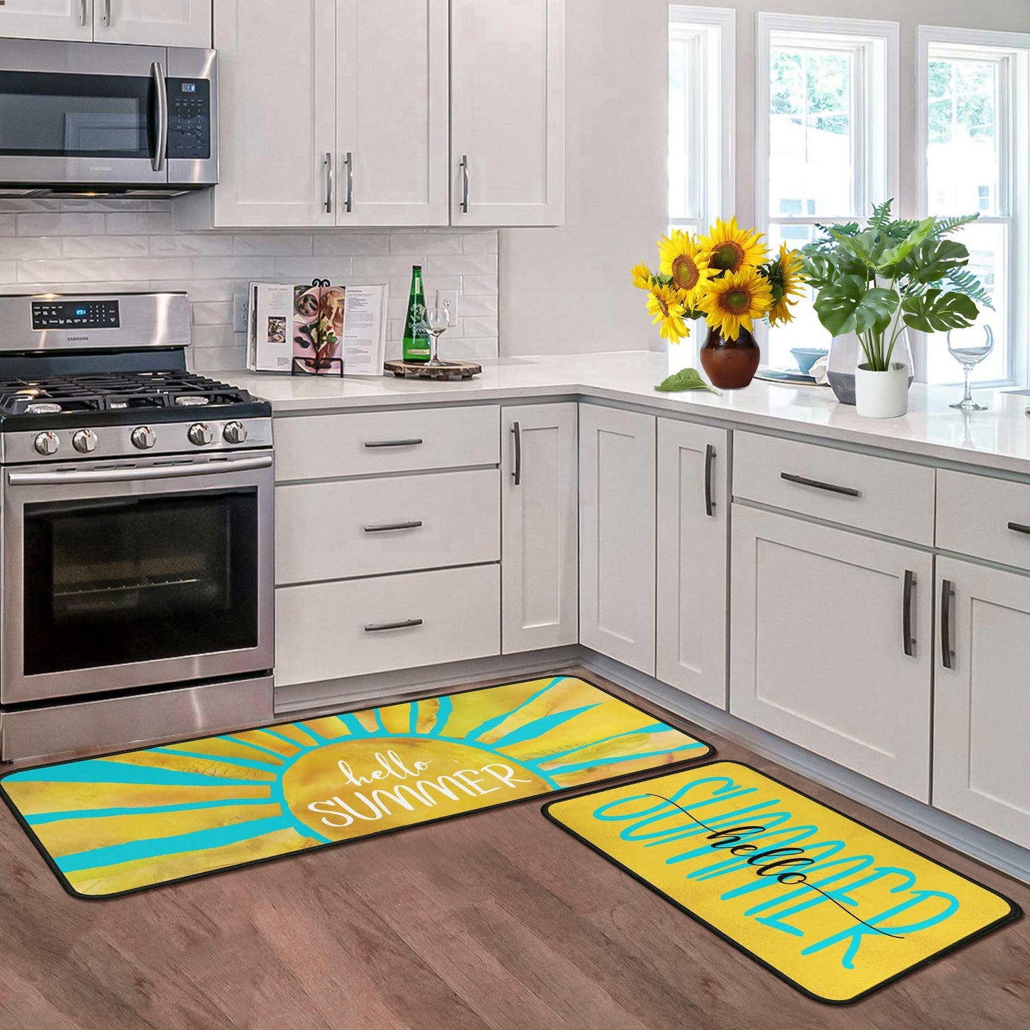 flippana Summer Kitchen Rugs and Mats for Floor, Summer Decorations for Home, 2 Pcs Non-Slip Backing Spring Summer Mat, Summer Decor Holiday Kitchen Rug Sets with Runner 17"x47.2"+17"x30"