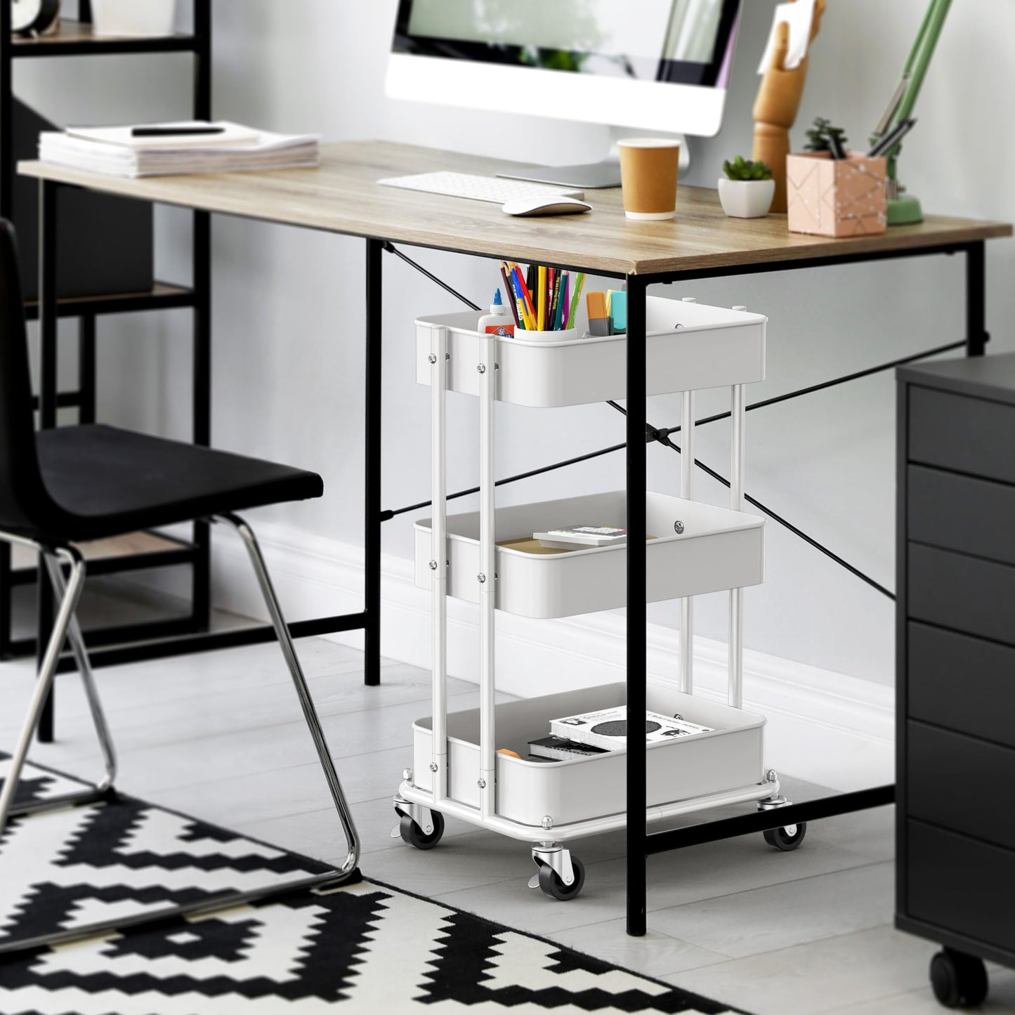 Simple Houseware 3-Tier Compact Utility Rolling Cart, Low 24” Height Fits Under Desk, Space-Saving Storage for Home Office, Dining Room, or Kitchen, White
