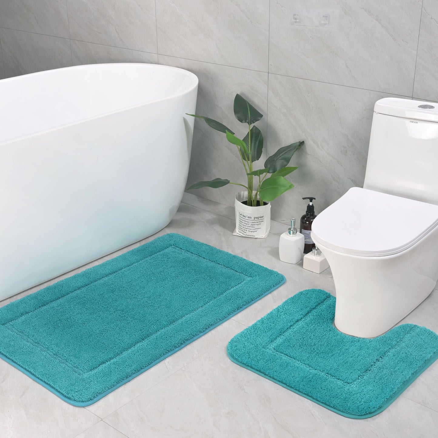 LOCHAS Bathroom Rug Set Teal Blue, Soft Bath Rug Set 2 Piece, Toilet Mat U-Shaped 20x20 and 34x20 Bath Rugs, Quickly Dry Mats for Bathroom, Tub, Washable, Super Absorbent Floor Mat