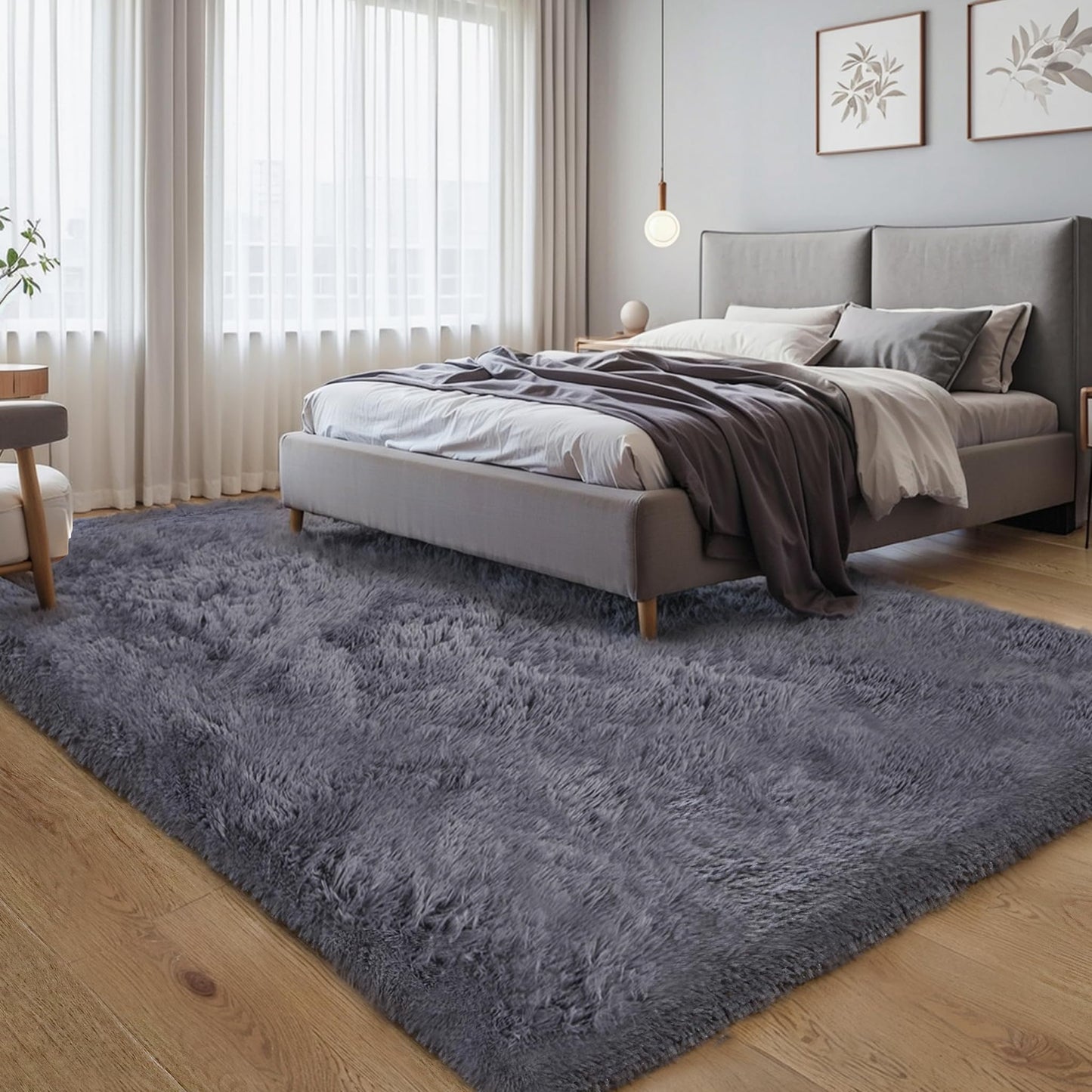 KICHOWUA Thick Area Rug Grey Fluffy Shag 3x5 for Bedroom, Ultra Soft Plush Fuzzy Washable Throw Carpet, Modern Non Slip Cozy Furry Shaggy Rug for Living Room Kids Baby Nursery College Dorm