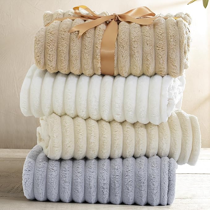 decorUhome Soft Fleece Brown Throw Blanket for Couch, Cozy Fluffy Plush Flannel Striped Blanket for Sofa Bed, Lightweight Decorative Ribbed Fuzzy Blanket for Woman, 50x60 Inches
