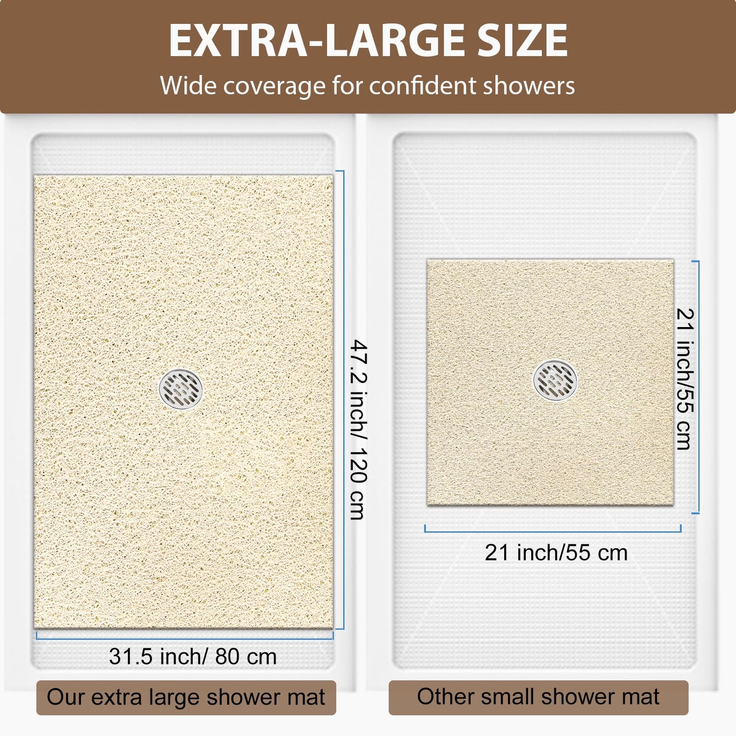 Extra Large Non Slip Shower Mat: 47.2x31.5 inch Loofah Shower Mat for Inside Shower with Drain Hole in Middle, Soft PVC Anti-Slip Shower Stall Mats for Bathroom,Wet Area, Quick Drying