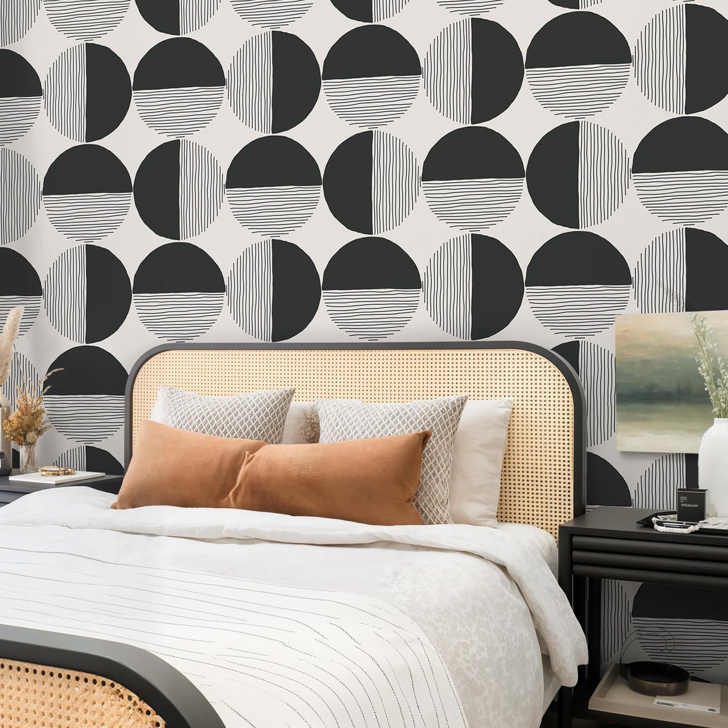 VEELIKE Abstract Circle Geometric Peel and Stick Wallpaper Modern Black Mid Century Wallpaper for Bedroom 17.7''x118'' Self Adhesive Geometric Wall Paper Removable Contact Paper for Cabinets Walls