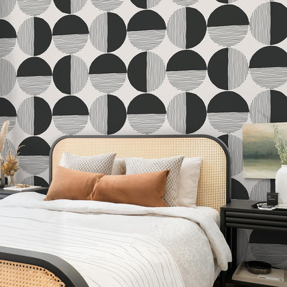 VEELIKE Abstract Circle Geometric Peel and Stick Wallpaper Modern Black Mid Century Wallpaper for Bedroom 17.7''x118'' Self Adhesive Geometric Wall Paper Removable Contact Paper for Cabinets Walls