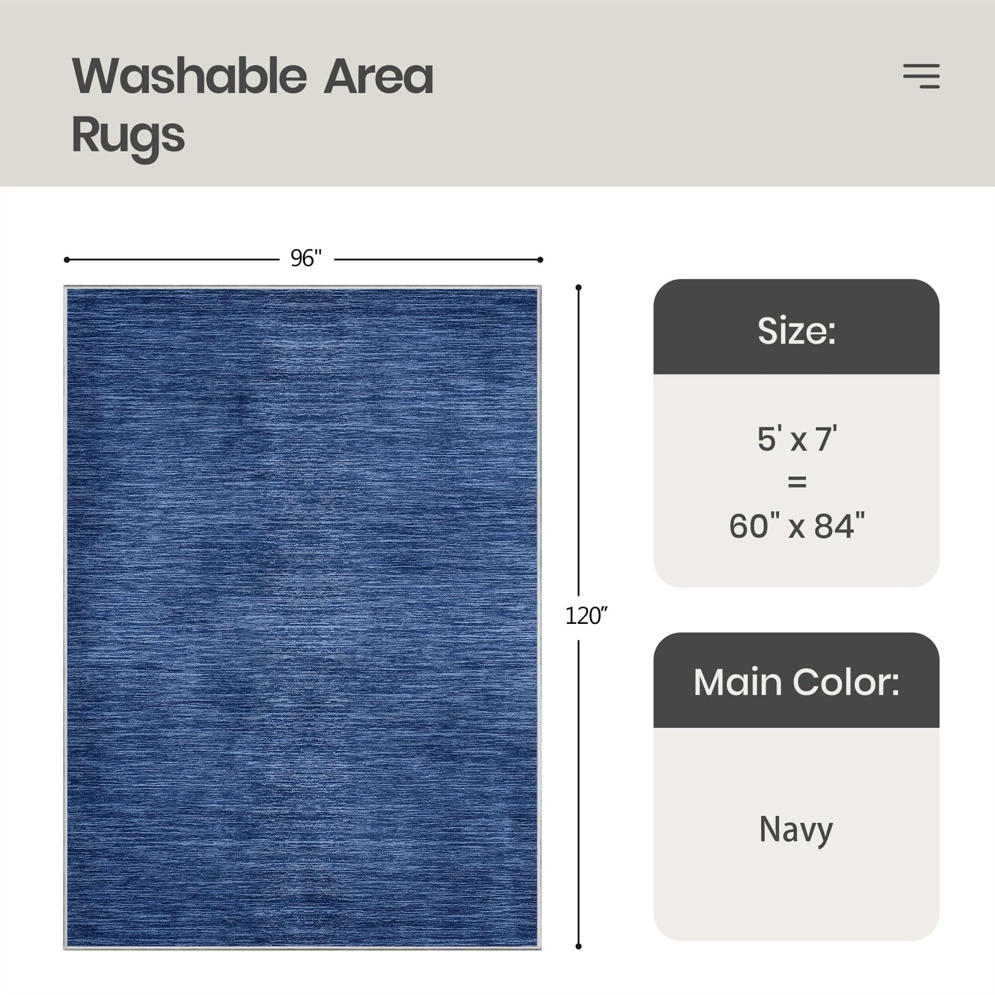 Valenrug Washable Rugs 5x7 - Non Slip 5x7 Area Rugs for Living Room, Stain Resistant Area Rugs for Bedroom, Foldable Machine Washable Area Rug(5'x7', Navy)